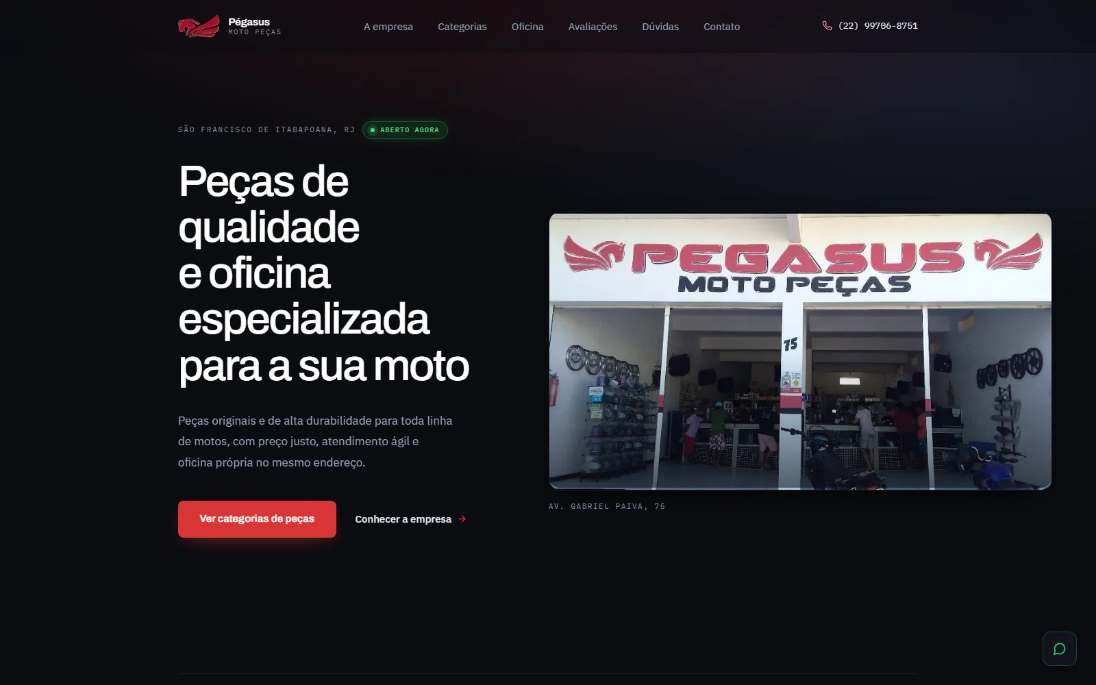 Site institucional Pegasus Moto Peças